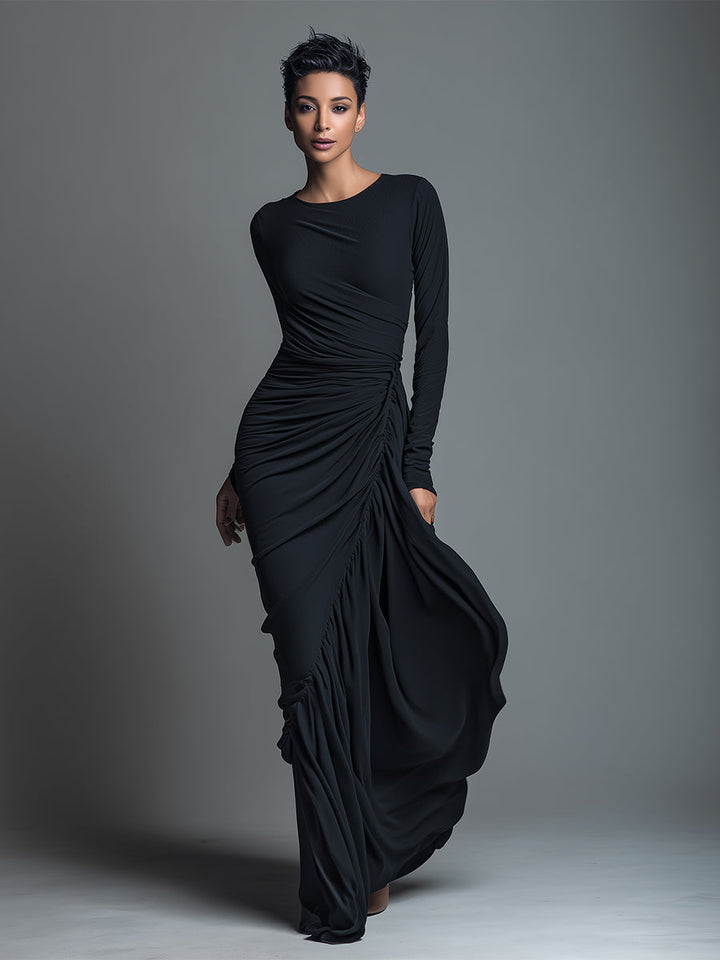 Women's Black Elegant Jersey Knit Ruched Maxi Dress – Mercer & Bloom