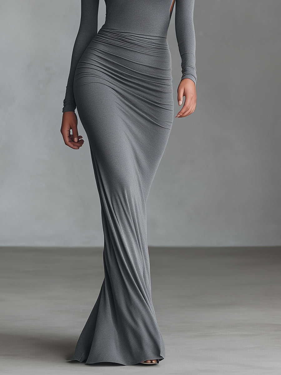 Dámské elegantní šedé maxi šaty z pružné polyester-bavlněné směsi s nařaseným otevřeným zády
