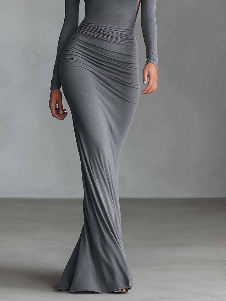 Dámské elegantní šedé maxi šaty z pružné polyester-bavlněné směsi s nařaseným otevřeným zády