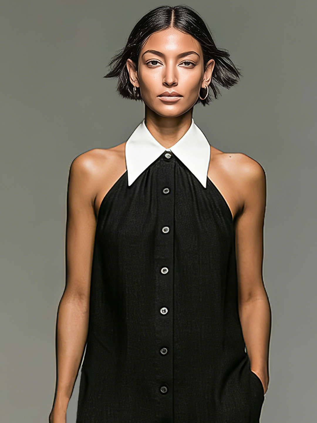 Vestido mini sin mangas con cuello y bloques de color de mezcla de lino minimalista para mujer