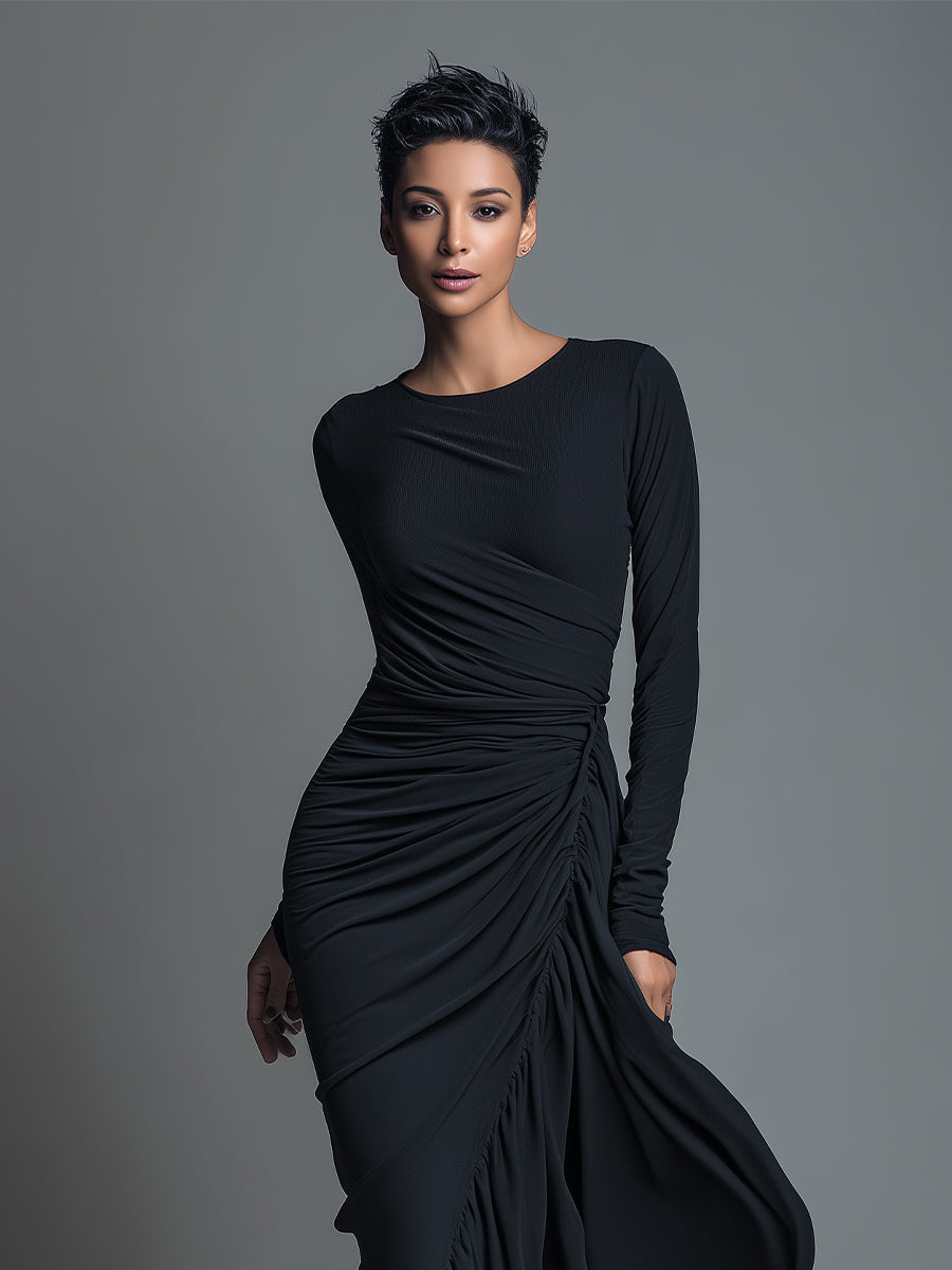 Damska czarna elegancka sukienka maxi z dzianiny jersey z marszczeniami