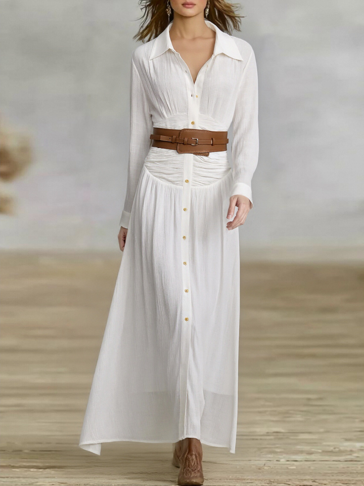Maxivestido Plisado de Solapa con Botones y Manga Larga de Imitación Algodón y Lino para Mujer