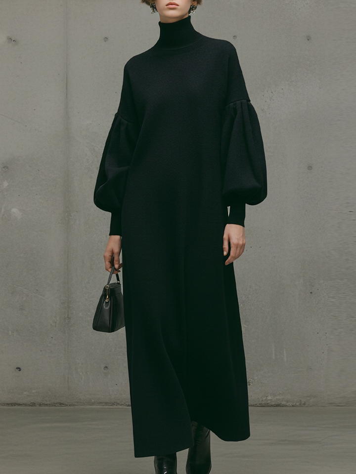 Damen modernes schwarzes Maxikleid mit Rollkragen und Puffärmeln im Sweatshirt-Stil