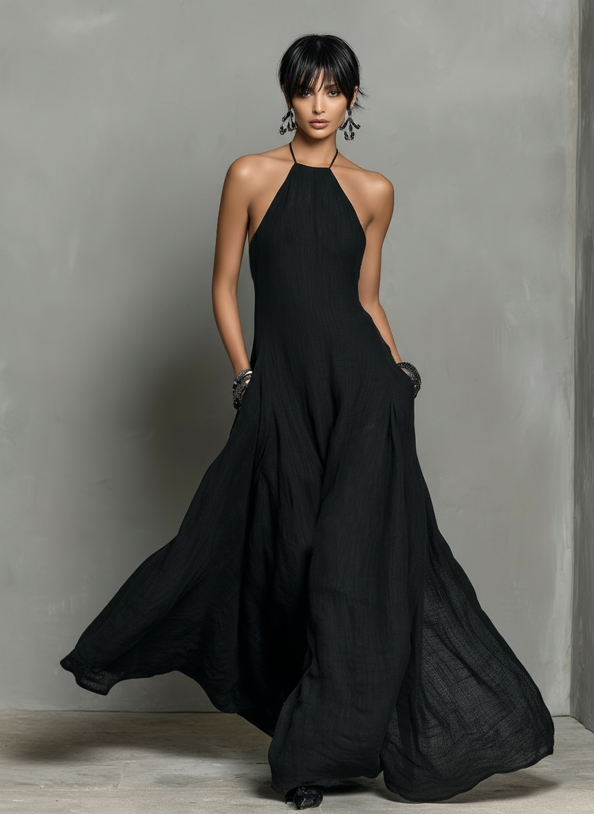 minimalist chic black halter dress Simple and Chic Cotton & Linen Halter A Line Long Dress