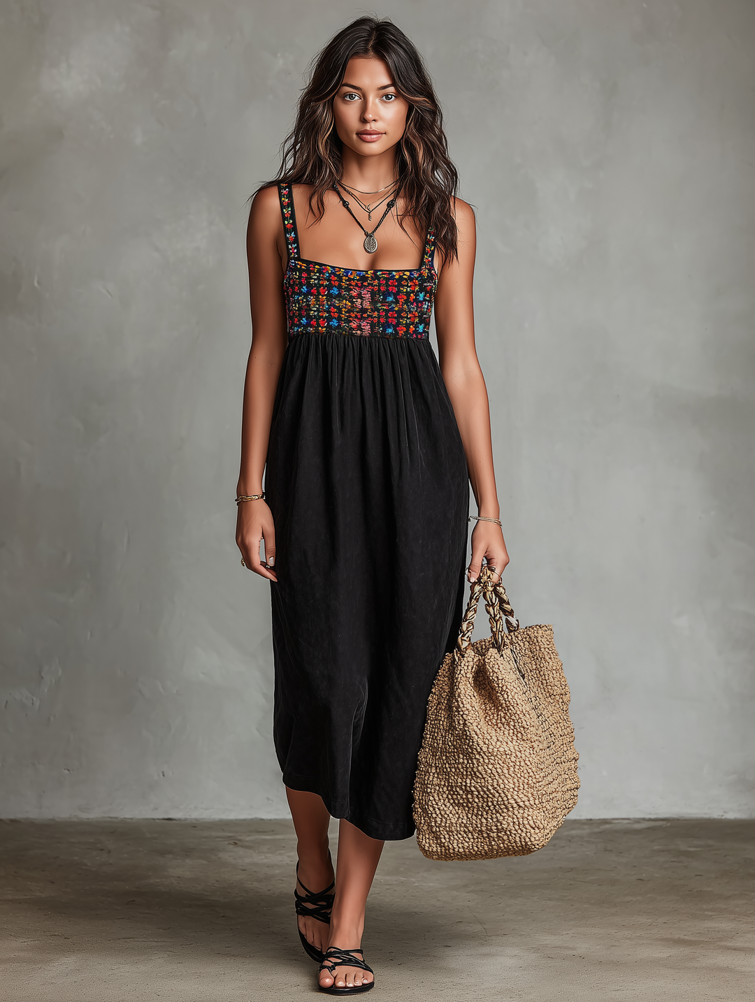 Damen Urlaubsstil Midikleid aus besticktem Kunstwildleder