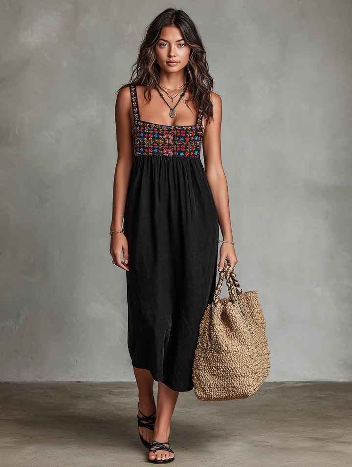 Damen Urlaubsstil Midikleid aus besticktem Kunstwildleder