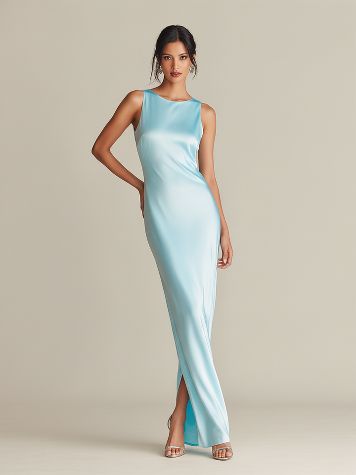 Vestido de satén azul cielo para mujer con cuello redondo sin mangas y abertura lateral, vestido elegante de estilo atemporal para la noche