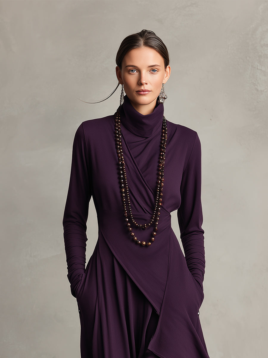 Women's Purple Bohemian Cotton Stretch Turtleneck Asymmetrical Draped Maxi Dress