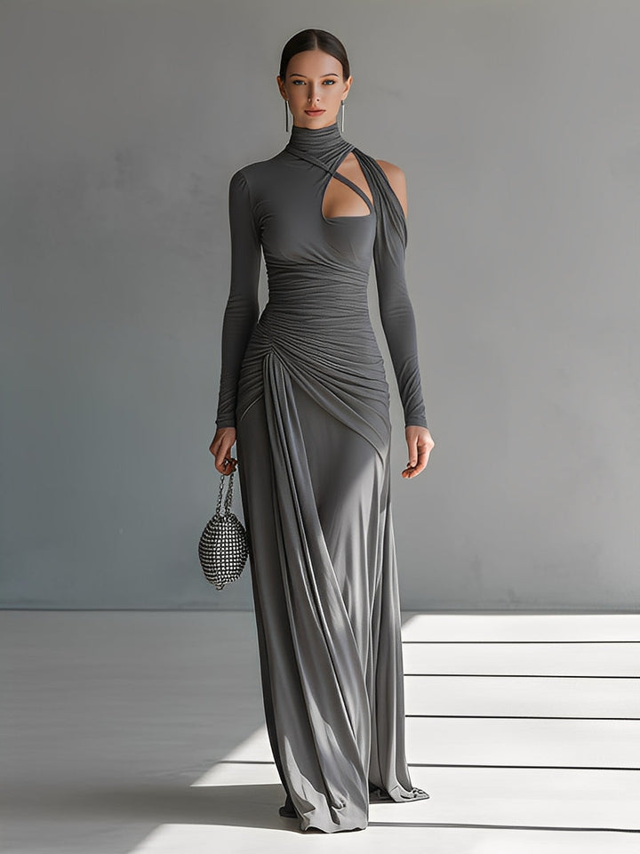 Damen Graues seidiges Stretch anspruchsvolles gerafftes Cut-Out Maxikleid MDA0546K6I