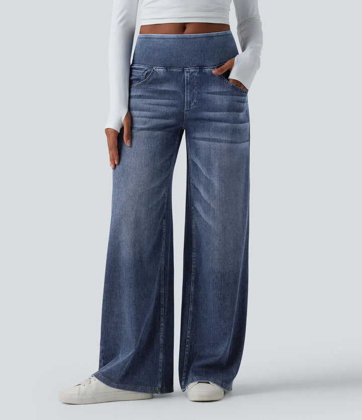 Velouré Flex™ Mid Rise Draped Washed Casual Baggy Wide Leg Jeans with Pockets