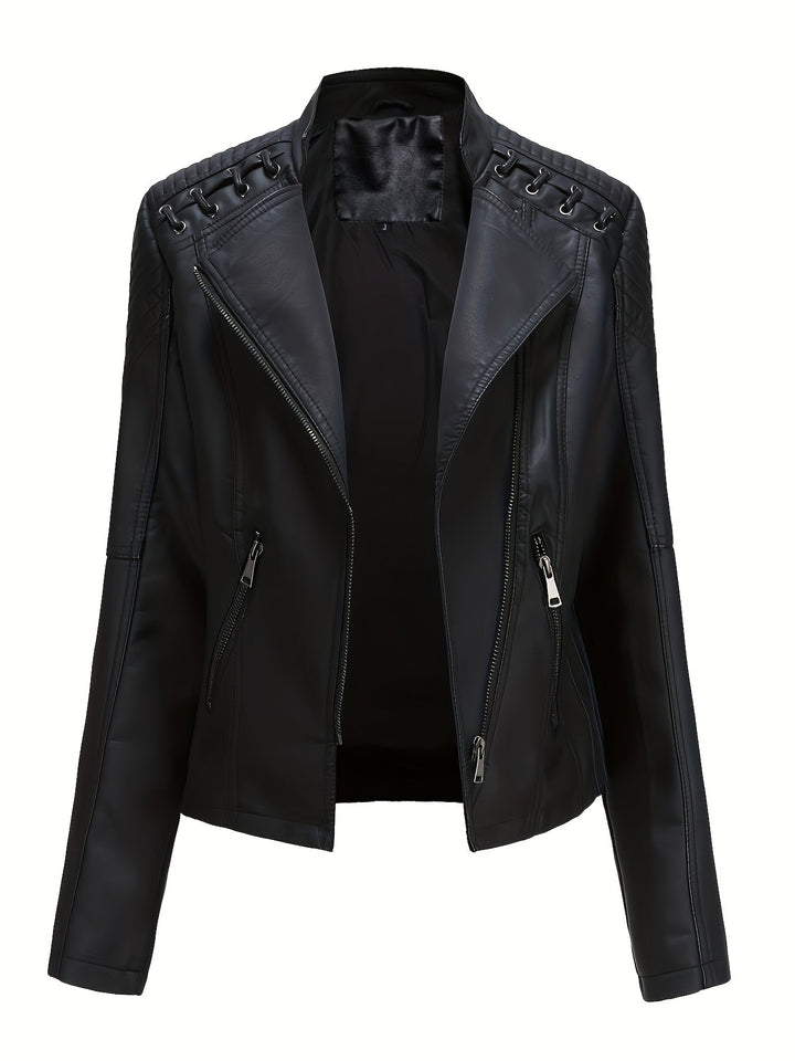 Elegant Leather Moto Jacket for Women with Notch Lapel Zip Front Studded Shoulder