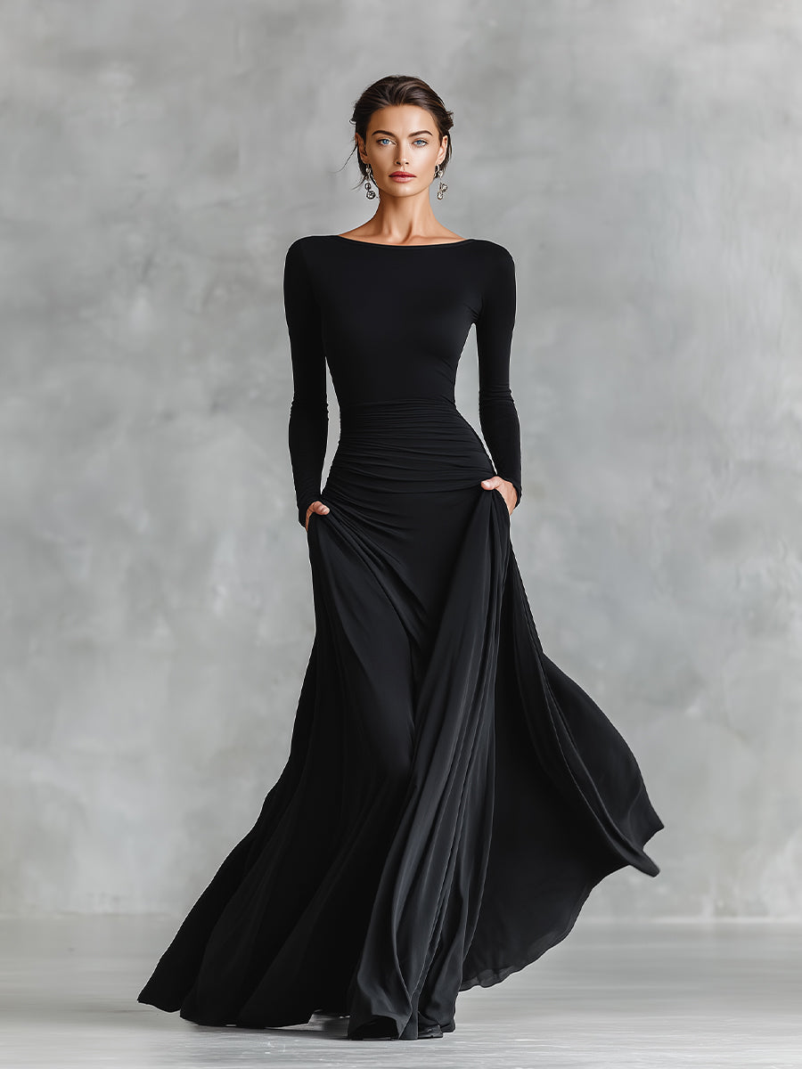 Damen Schwarzes modernes Maxikleid aus Crêpe mit gerafftem Bootsausschnitt MDA1472J7I