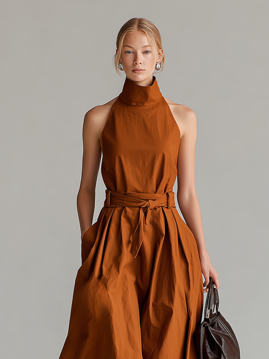 Women's Rust Cotton Dress With Halter Neck & Self-Tie Waist Belt, Timeless Minimalist-Elegant Style Dress