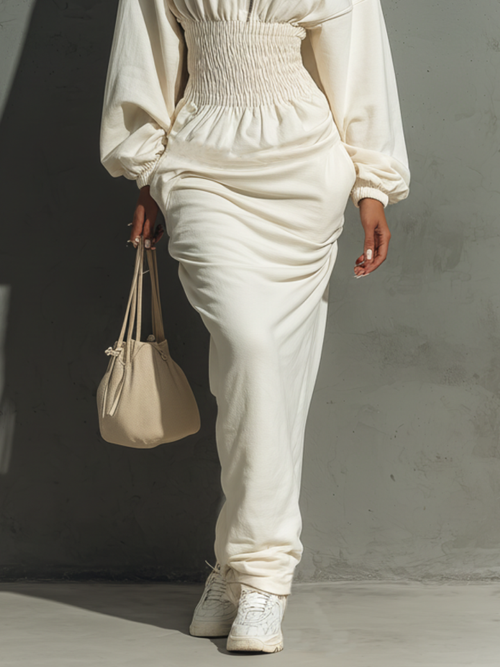 Vestido maxi de sudadera con capucha y fruncido en la cintura minimalista para mujer