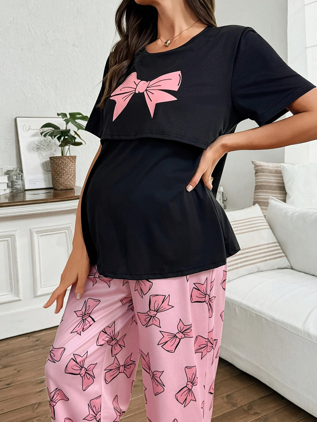 Comfortable Bow Print Maternity Pajama Set for Women with Round Neck Short Sleeve Wide Leg Two Piece Style