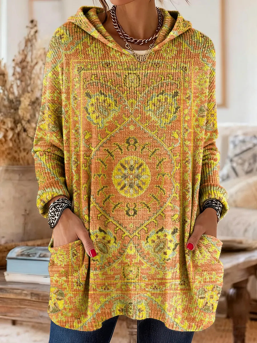 Comfortable Boho Print Tunic Sweater for Women with Hooded Long Sleeve Oversized Pocket Bohemian Style