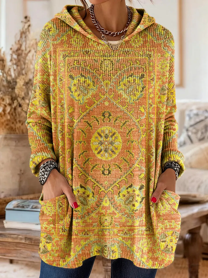 Comfortable Boho Print Tunic Sweater for Women with Hooded Long Sleeve Oversized Pocket Bohemian Style