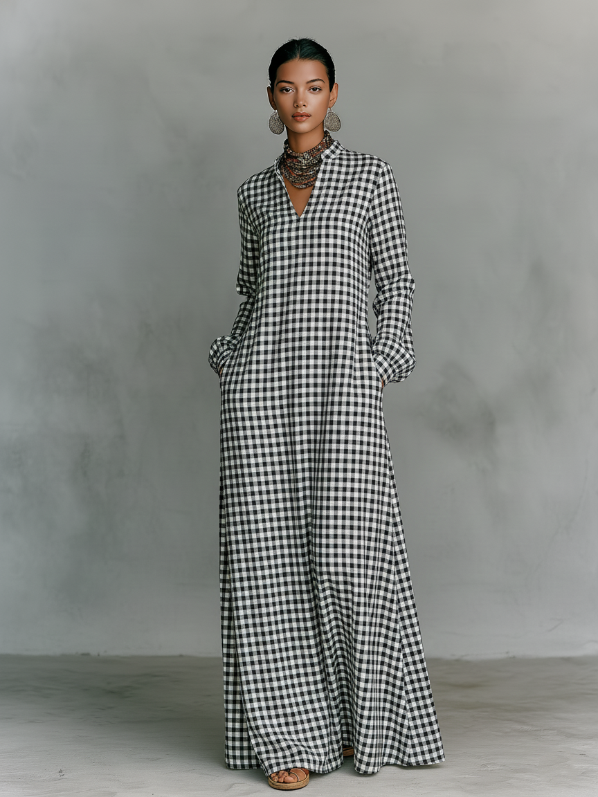 Women's Minimalist Cotton Plaid V-neck Long-sleeved Maxi Dress