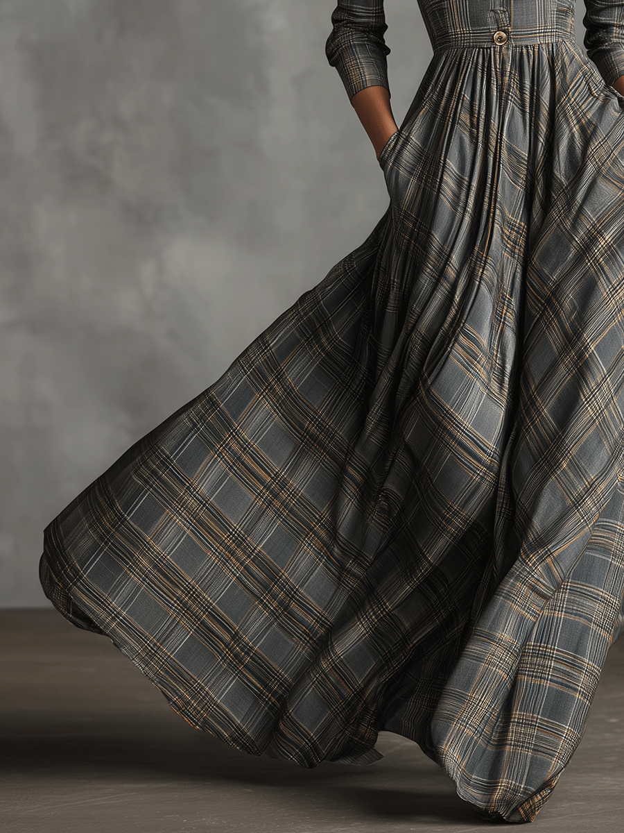 Women's Grey Sophisticated Tartan - Patterned Linen - Blend Flared Maxi Dress