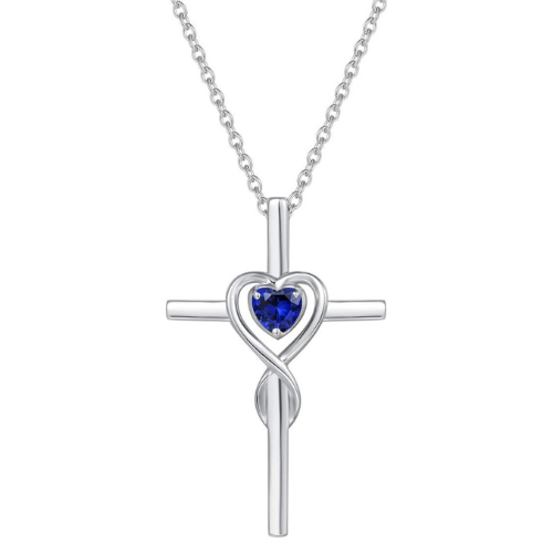 Saphir Herzstein Kreuz Halskette | Weißgold