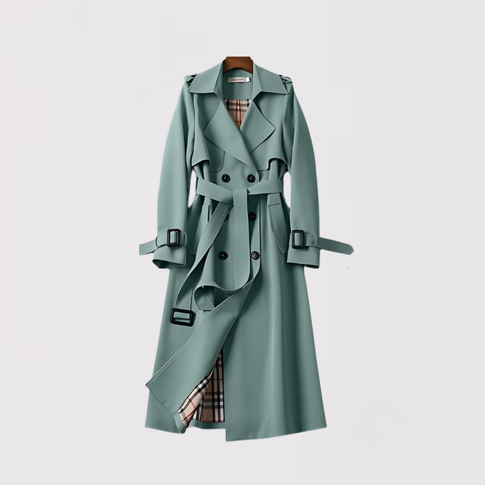 Elegant Trench Coat for Women with Notched Lapel Long Sleeve Belted Double Breasted Style