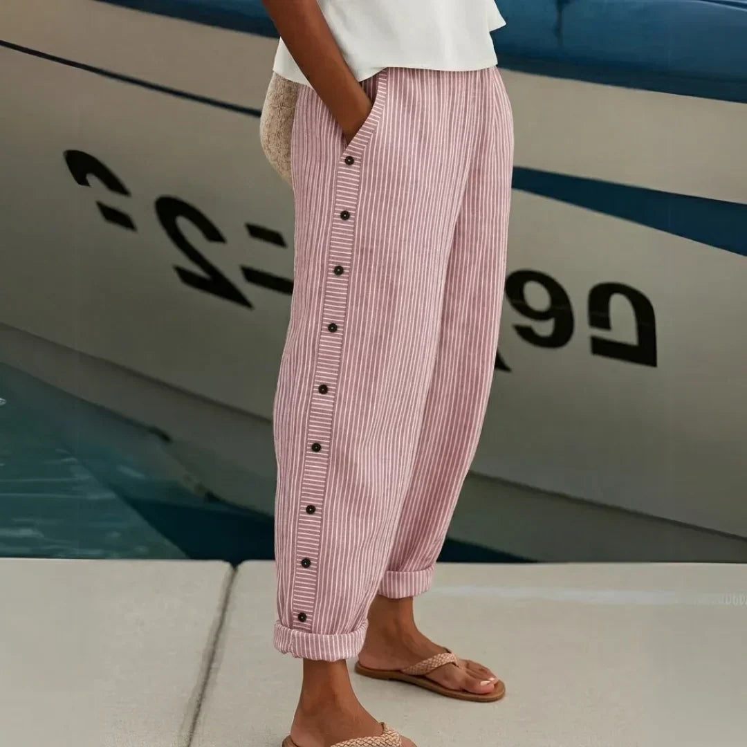 Striped Pants for Women – Button Front Casual Trousers for Work and Everyday, Comfortable Relaxed Fit