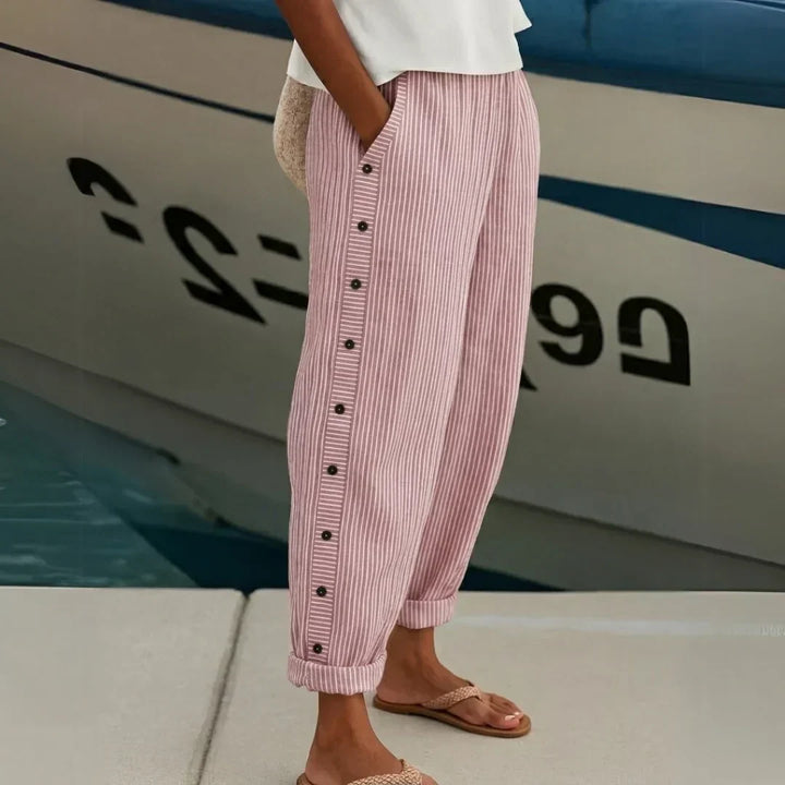 Striped Pants for Women – Button Front Casual Trousers for Work and Everyday, Comfortable Relaxed Fit