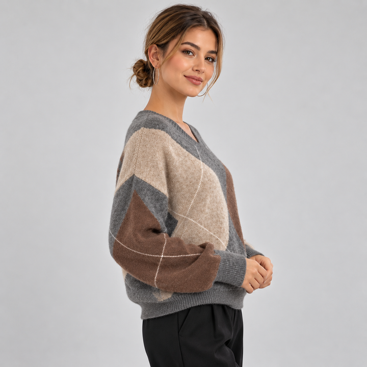 Women's Argyle V-Neck Sweater, Long Sleeve Knit