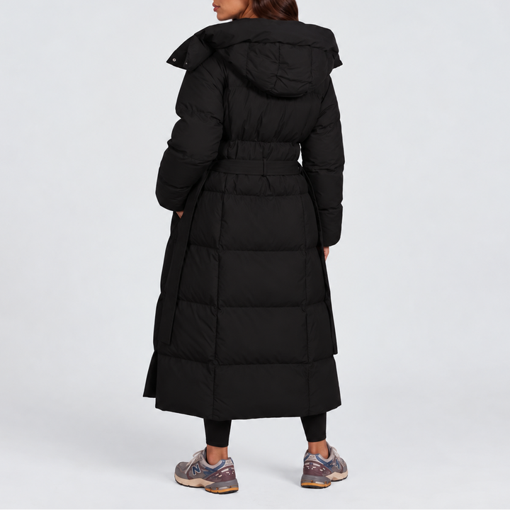 Women's Long Belted Puffer Coat with Hood