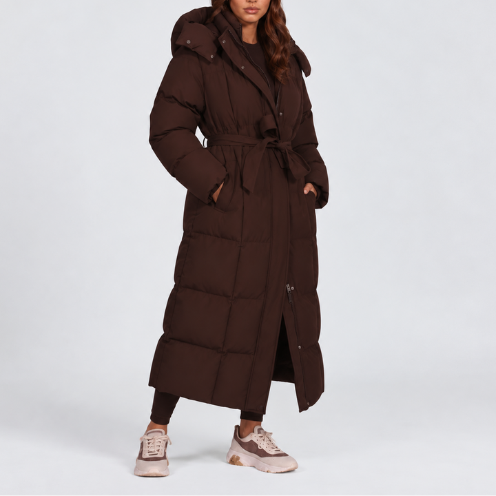 Women's Long Belted Puffer Coat with Hood