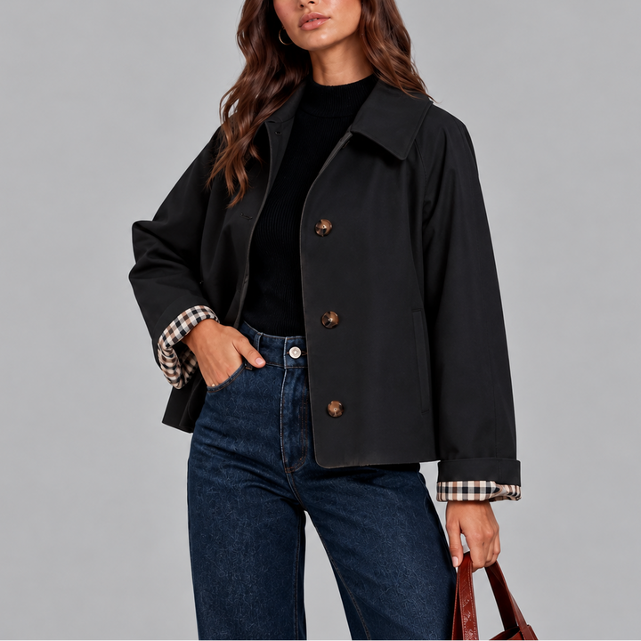 Women's Cropped Trench Jacket with Plaid Lining