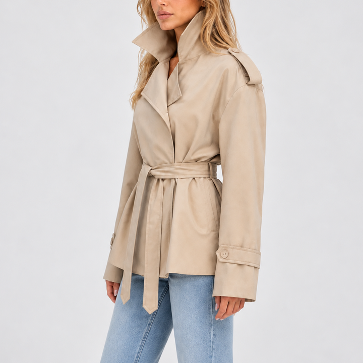 Women's Short Double-Breasted Trench Coat with Belt