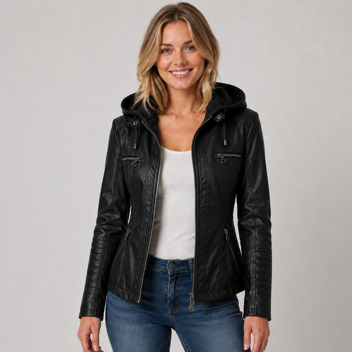 Women's Hooded Faux Leather Zip-Up Jacket