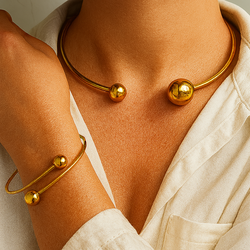 Minimalistisches Glow-Halsband & Manschettenarmband-Set | Gold