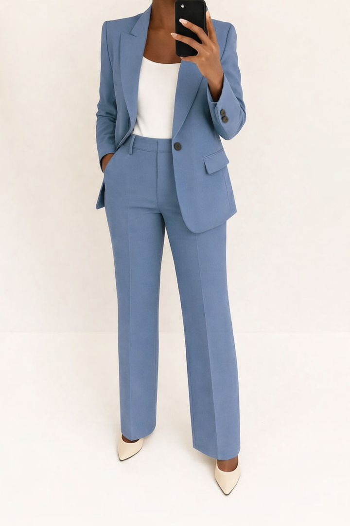 Elegant Two Piece Set for Women with Single Button Blazer Wide Leg Pants Tailored Formal Style