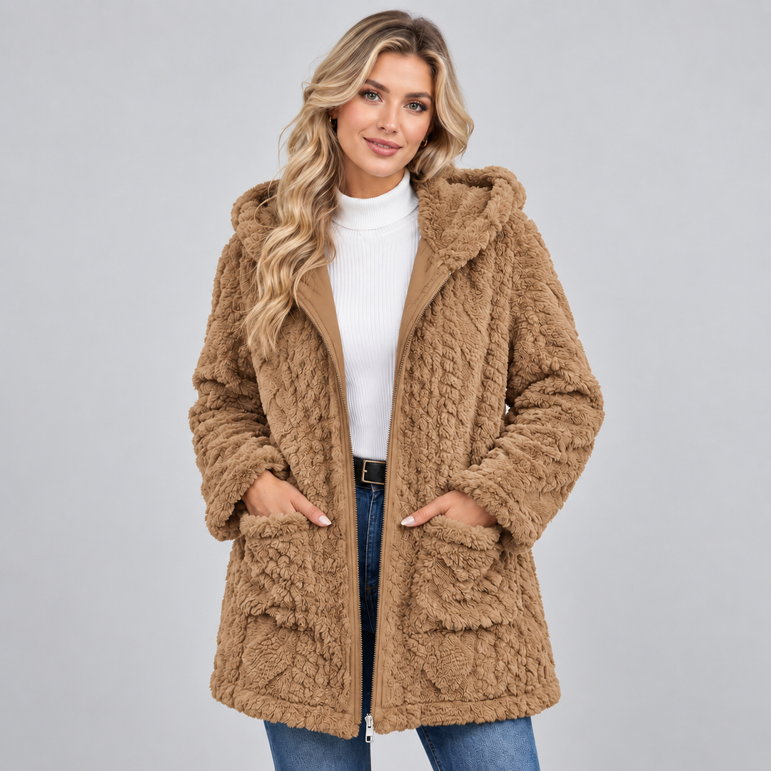 Women's Hooded Teddy Jacket, Borg Fleece Zip-Up