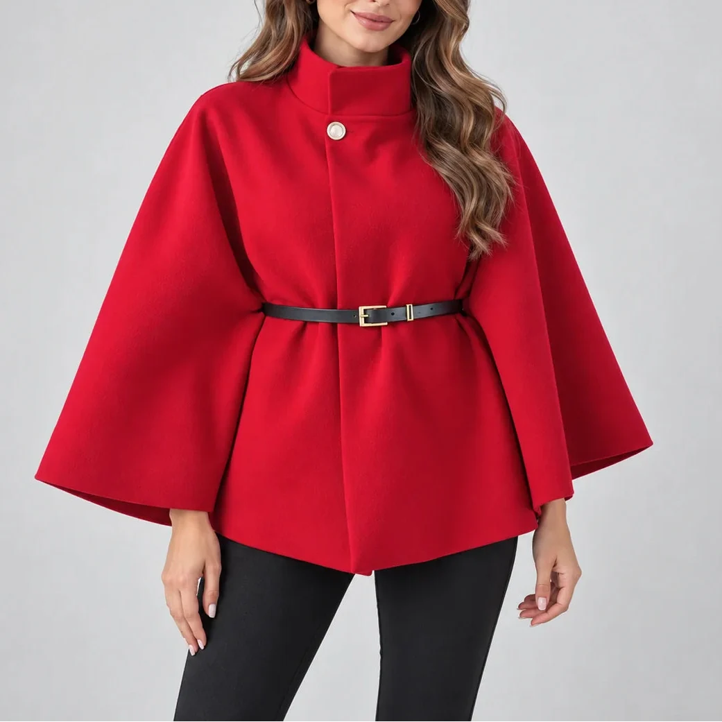 Women's High Neck Cape Coat with Belt