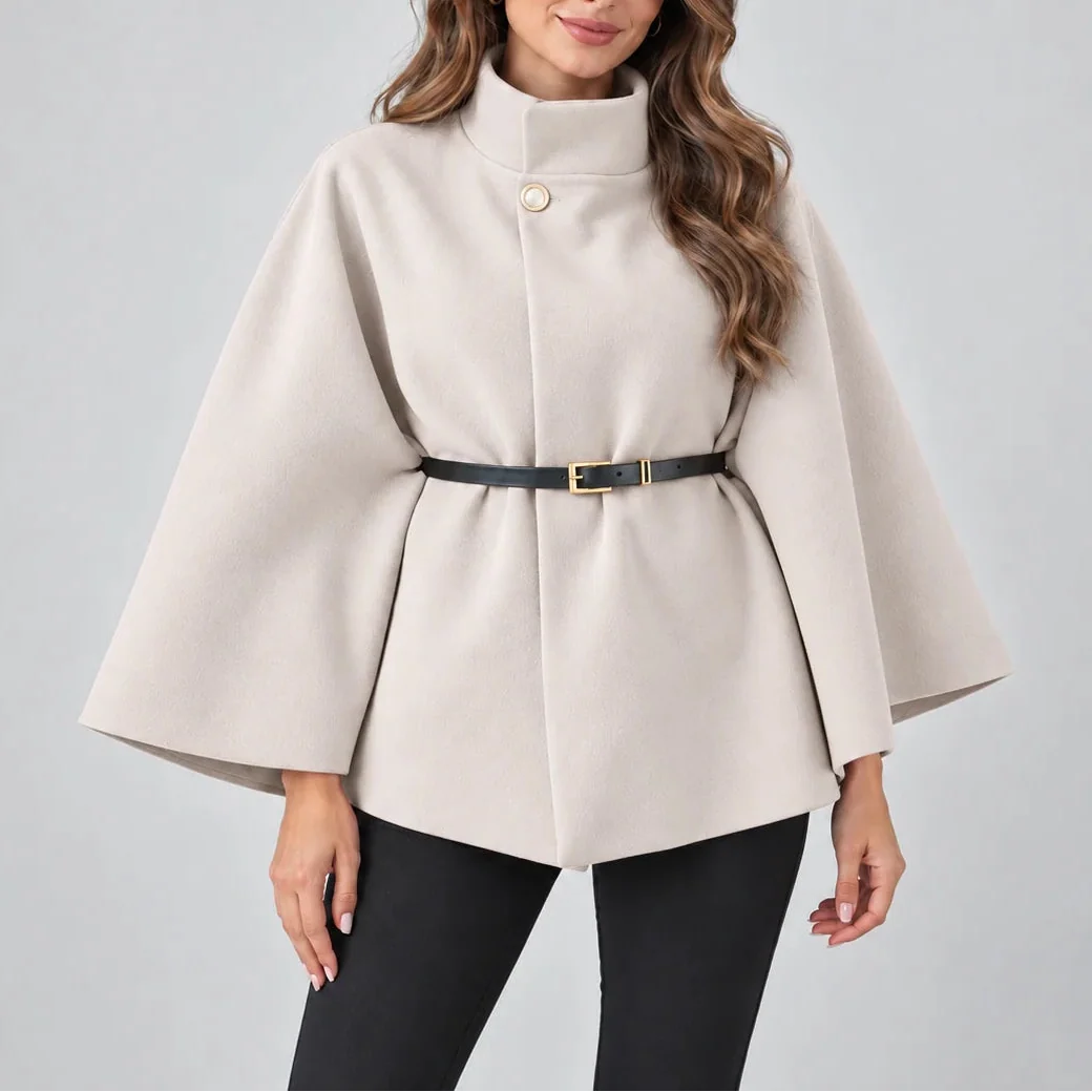 Women's High Neck Cape Coat with Belt