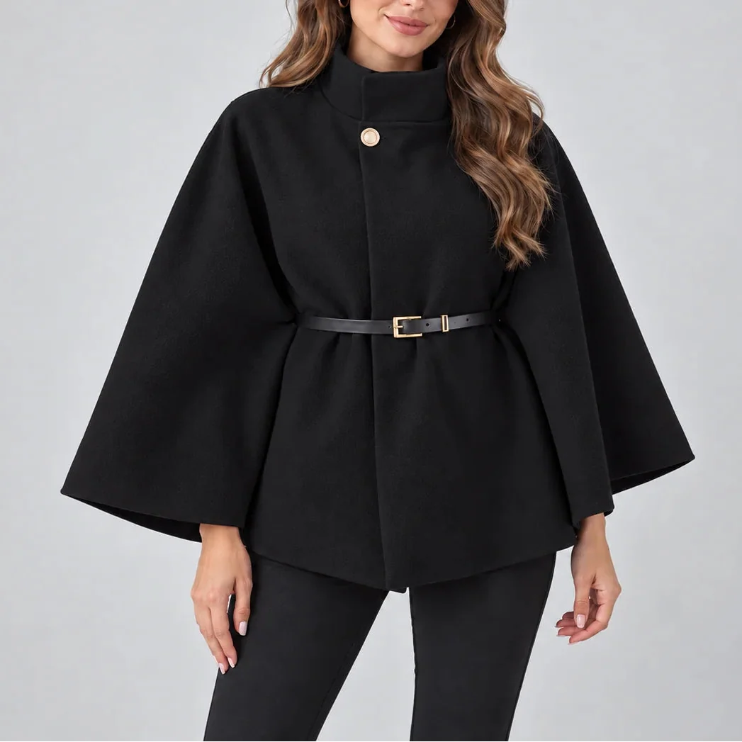 Women's High Neck Cape Coat with Belt