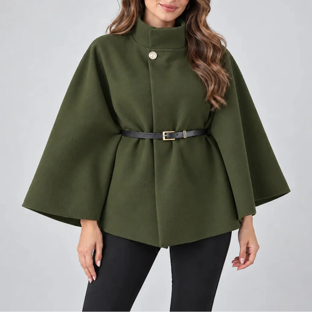 Women's High Neck Cape Coat with Belt