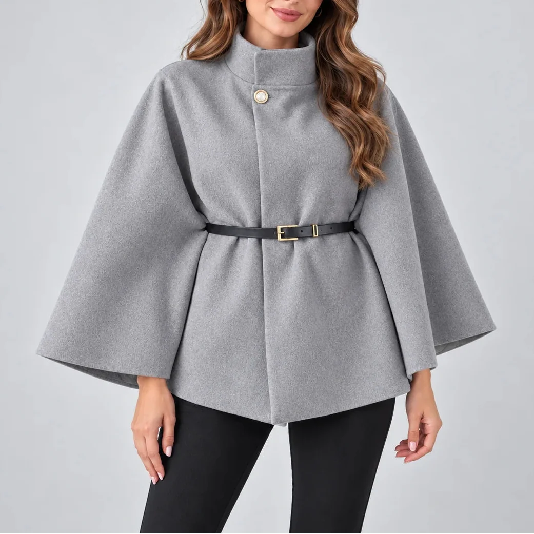 Women's High Neck Cape Coat with Belt