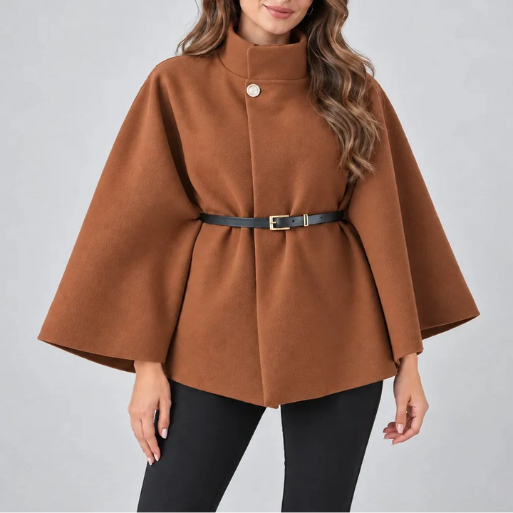 Women's High Neck Cape Coat with Belt