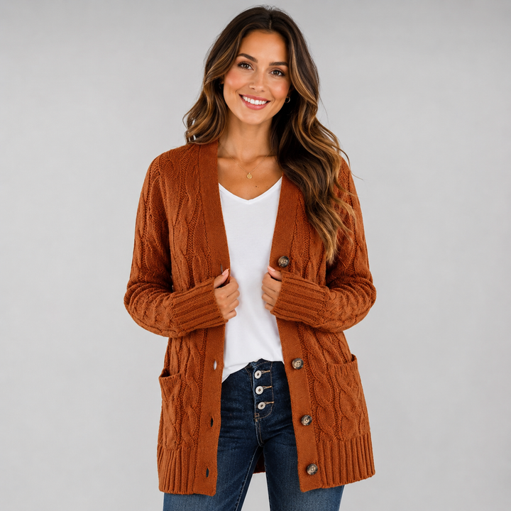 Women's Cable Knit V-Neck Cardigan with Buttons