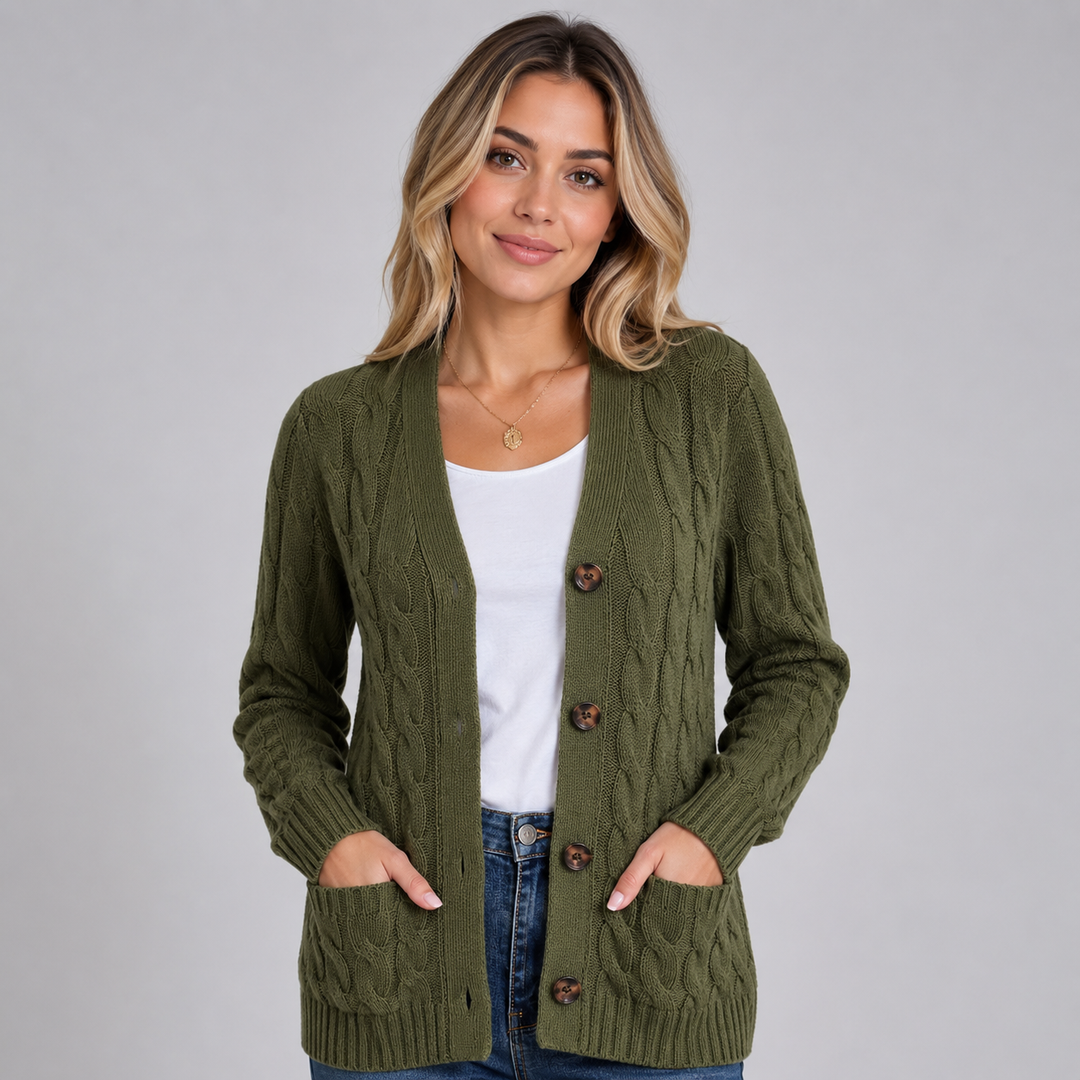 Women's Cable Knit V-Neck Cardigan with Buttons