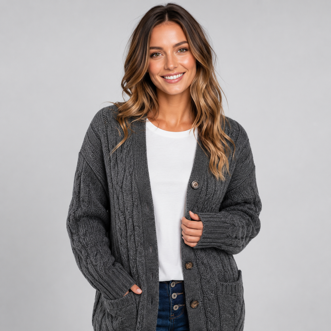 Women's Cable Knit V-Neck Cardigan with Buttons