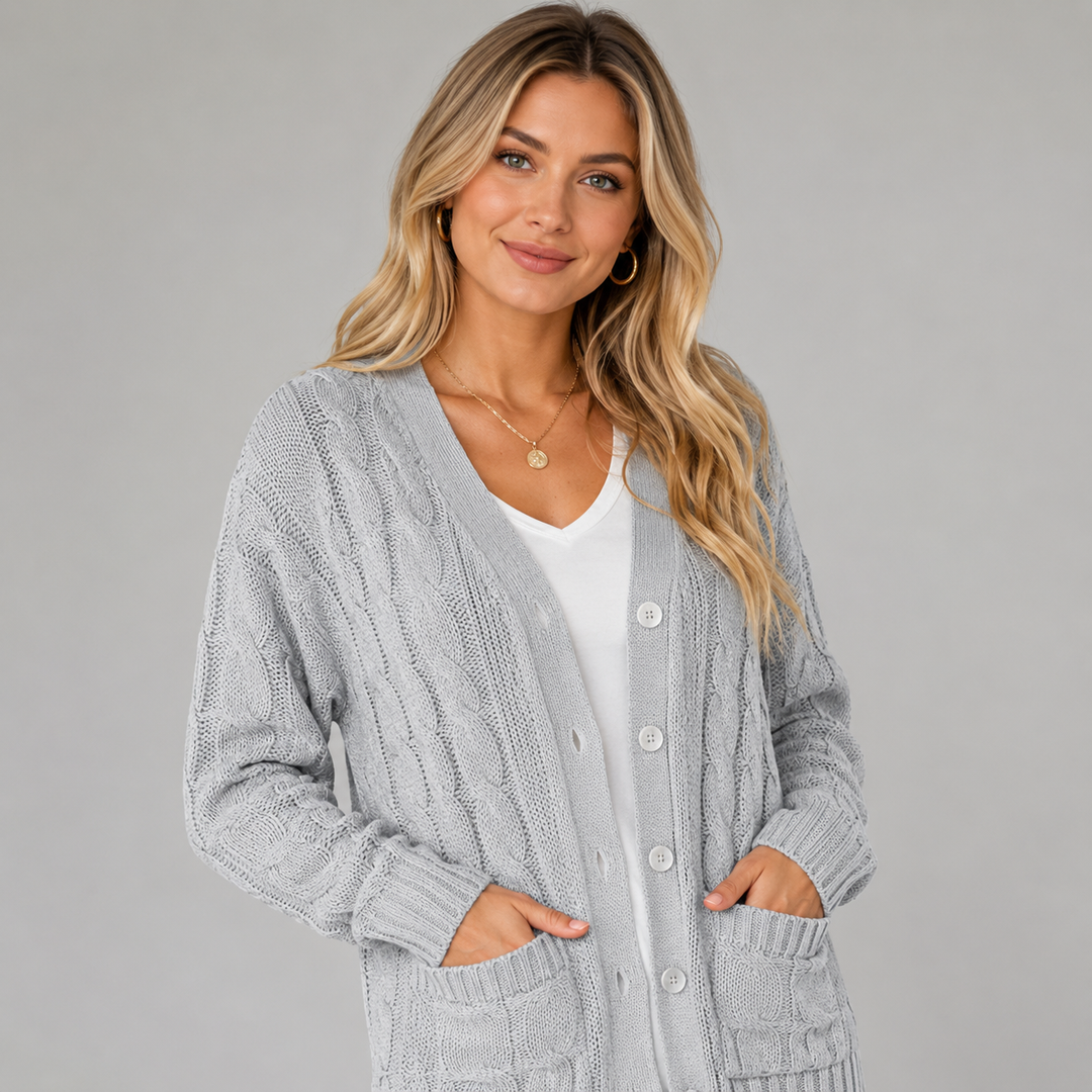 Women's Cable Knit V-Neck Cardigan with Buttons