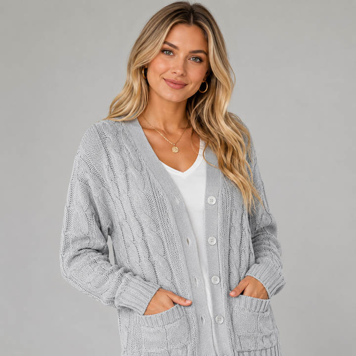 Women's Cable Knit V-Neck Cardigan with Buttons