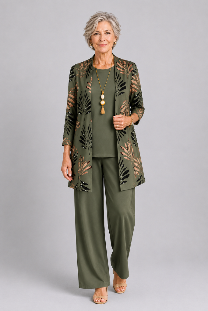 Longline Cardigan Set with Inner Top and Printed Trousers