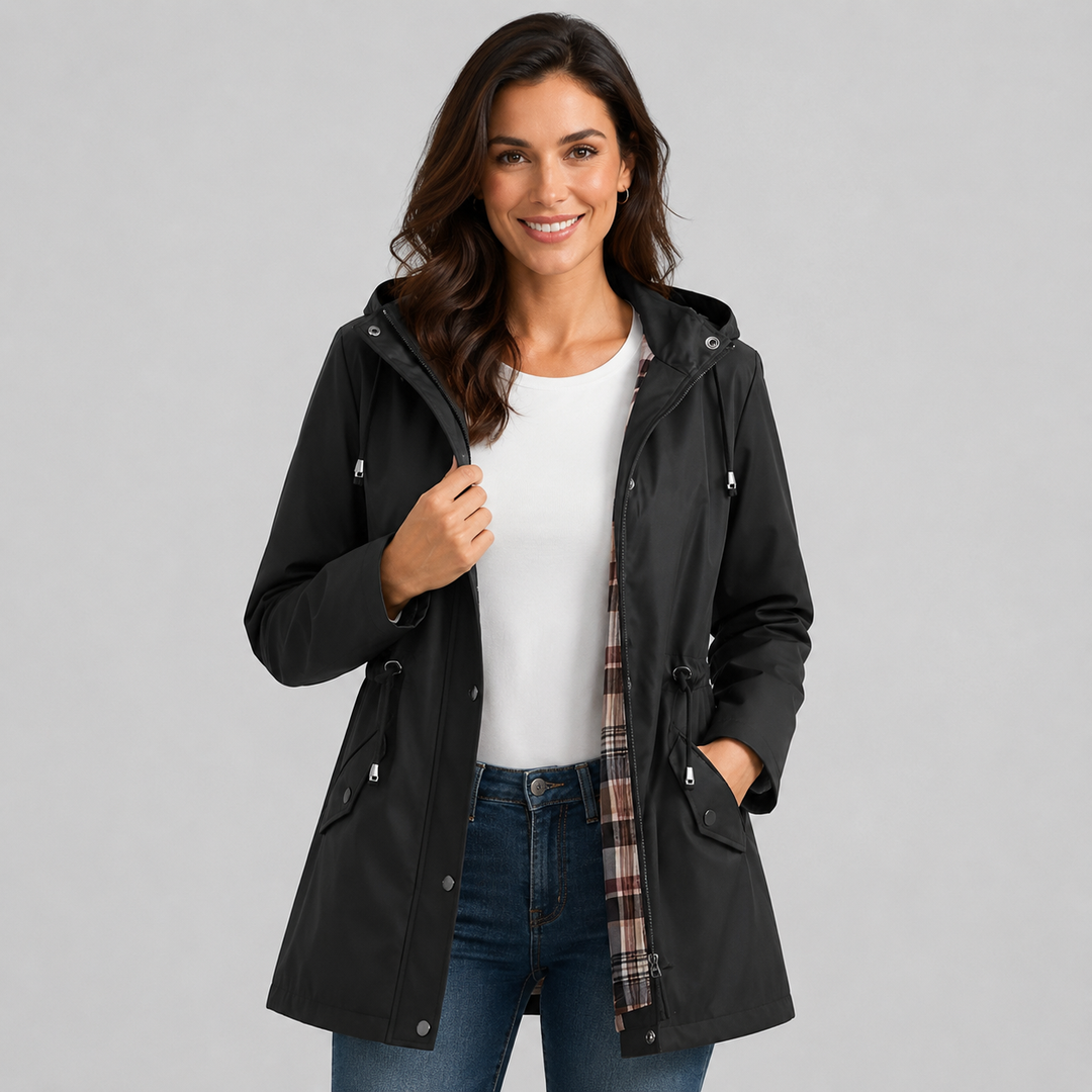 Women's Hooded Raincoat with Check Lining