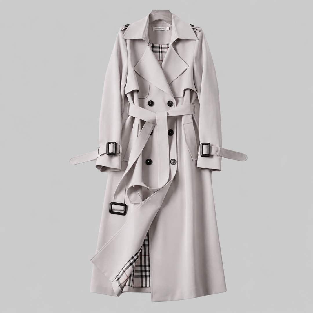 Elegant Trench Coat for Women with Lapel Collar Belted Waist Double Breasted Longline Style